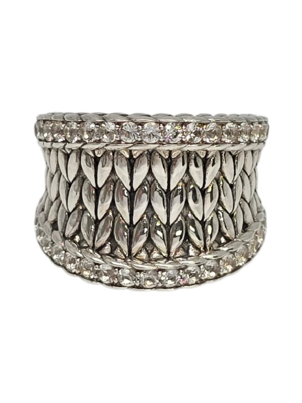JAI Sterling Silver White Topaz Basketweave Saddle Ring Size 8 #24884